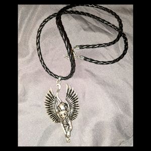 5/$25 Silver egyptian queen cat w wings pendant, leather braided necklace